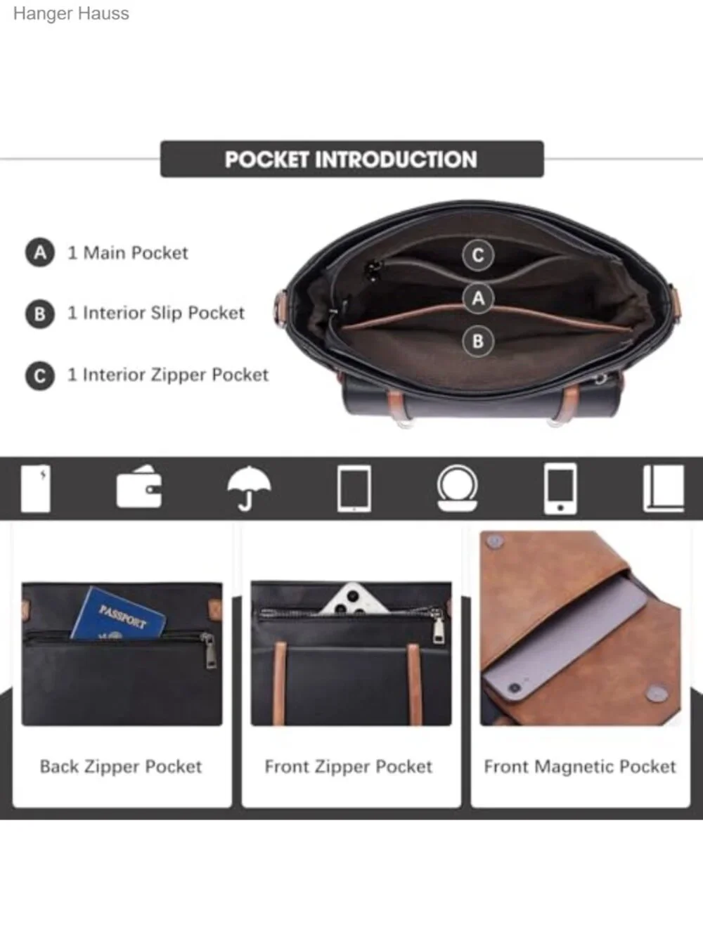Vegan Leather Multi Pocket Crossbody Bag with Adjustable Wide Strap